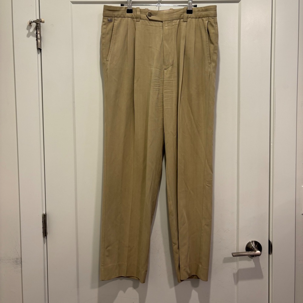 Tommy Bahama Mens 34x34 Khaki Silk Cotton Herringbone Pleated Dress Pants